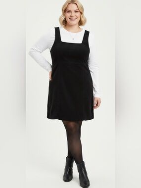 Hem & Thread Black Corduroy Mini Dress NWT | Square Neck Pinafore Style | L